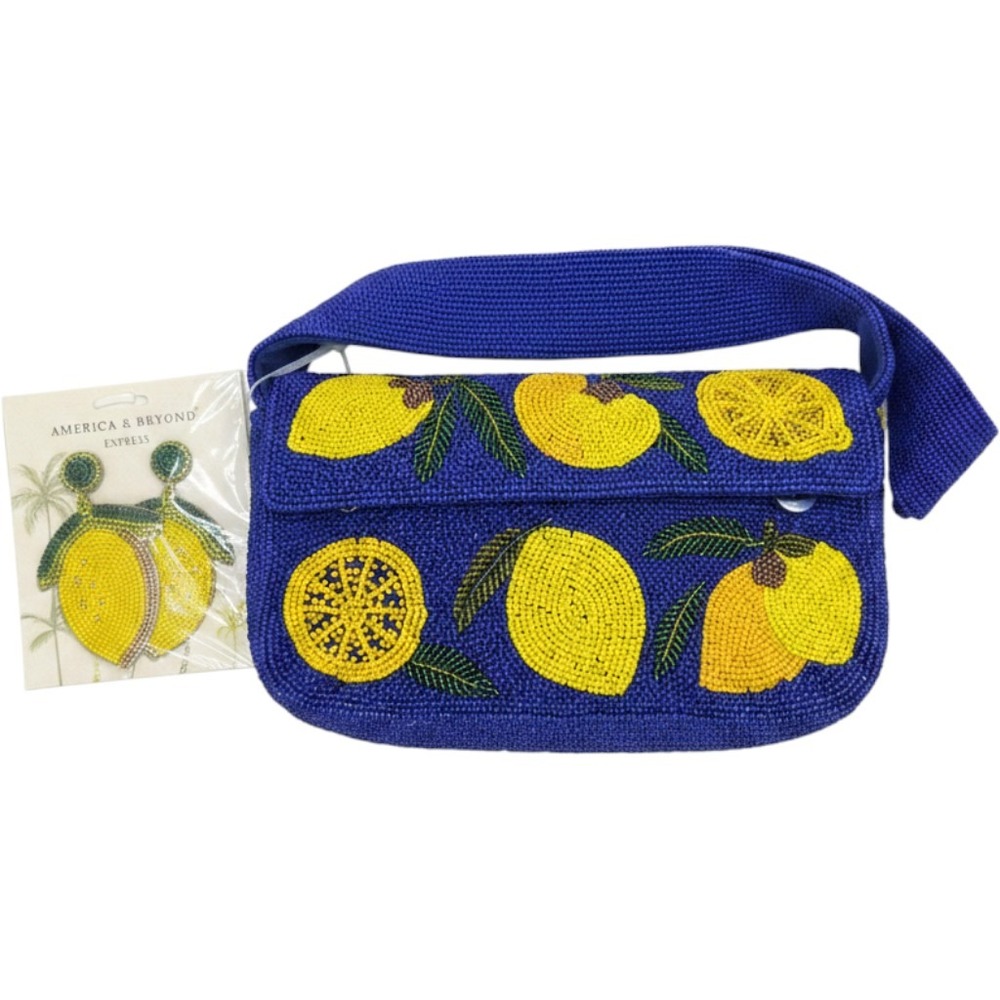 America & Beyond Express Blue Beaded Lemon Handbag and Earrings Set
